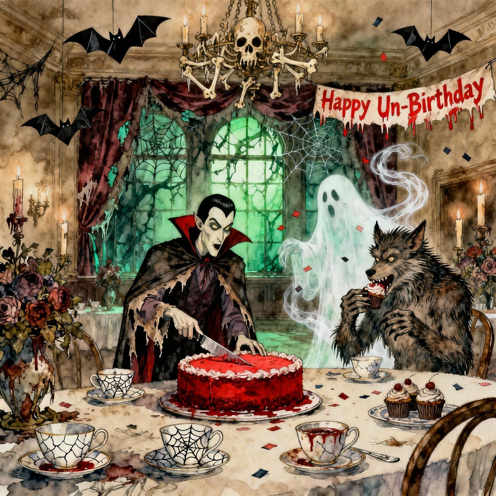 Gothic Watercolor Monsters Party at Haunted Hotel