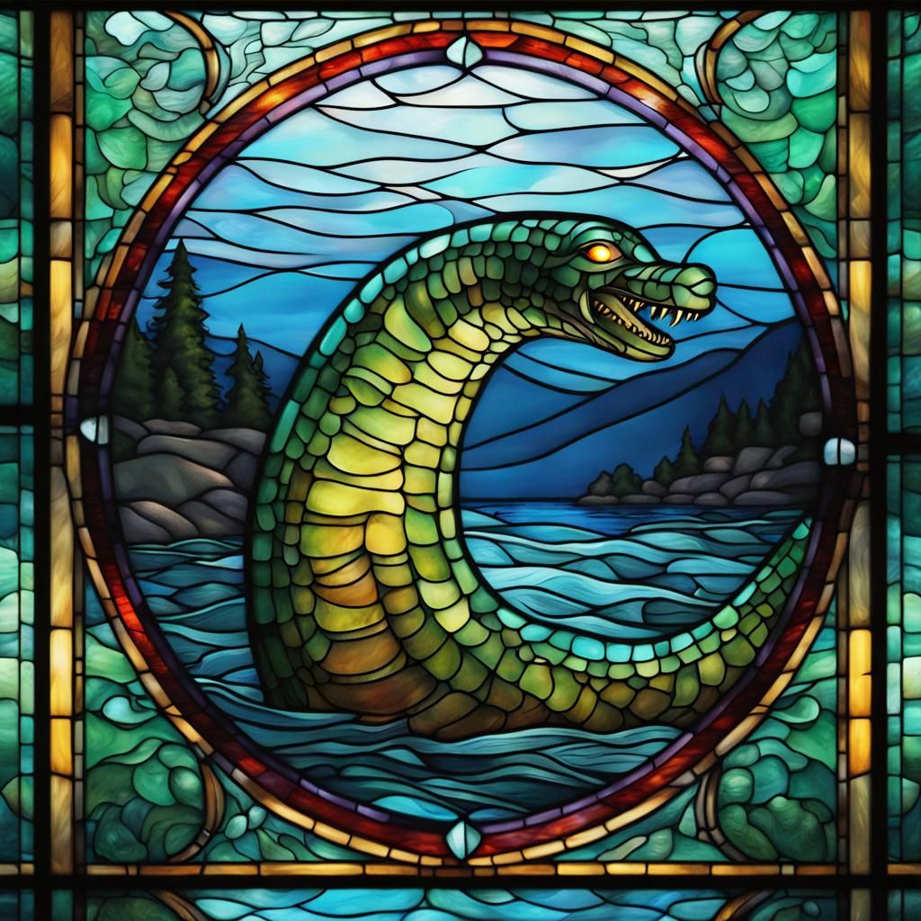 Stain glass window with Nessie in the Loch Ness..