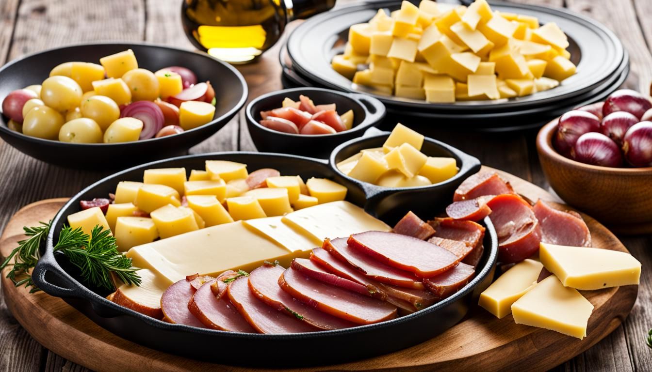 A Hearty Raclette Cheese Platter with Melted Cheese and Crud...