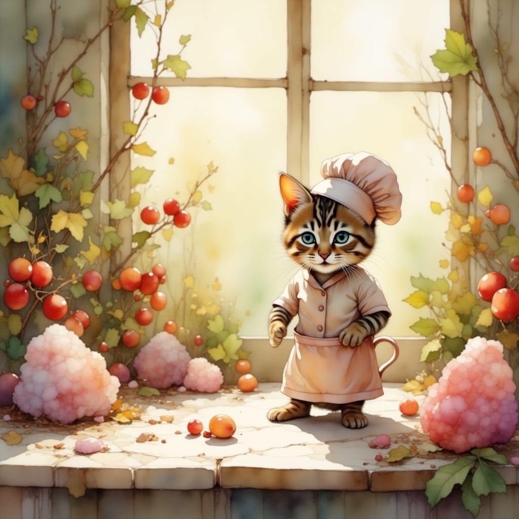 Teacup Kitten Chef in Whimsical Food Landscape