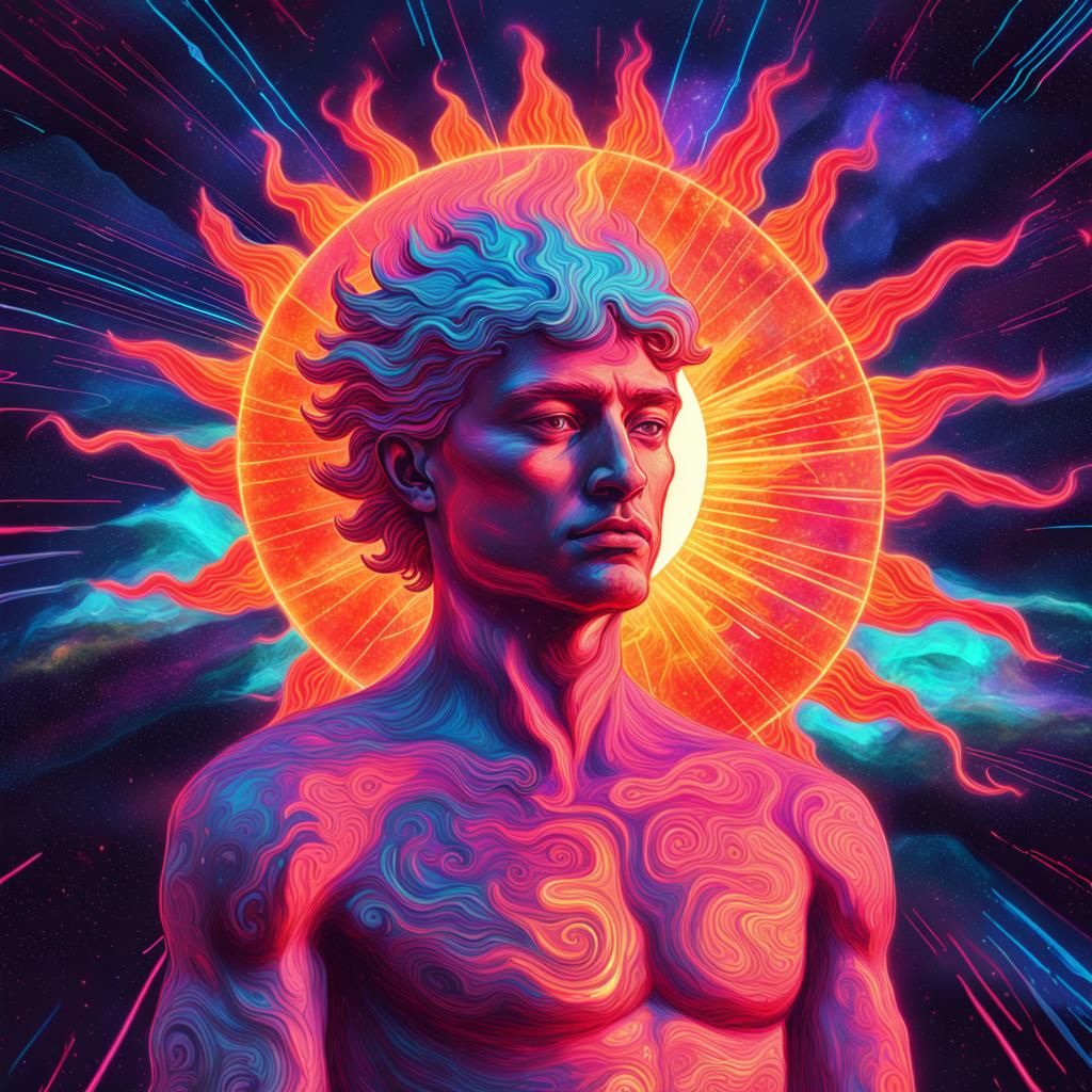 Flaming Sun Figure Gazing at Earth in Neon Style