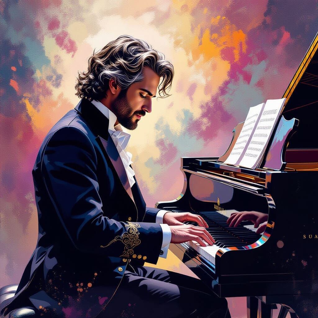 Mozart Serenely Plays Piano in Hyperrealistic Splash Art Sty...