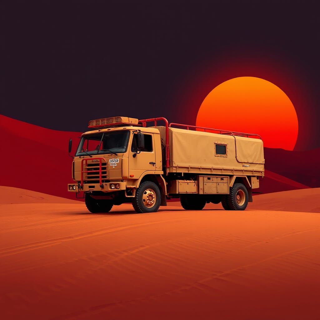 Military Truck in Fiery Red Desert Landscape