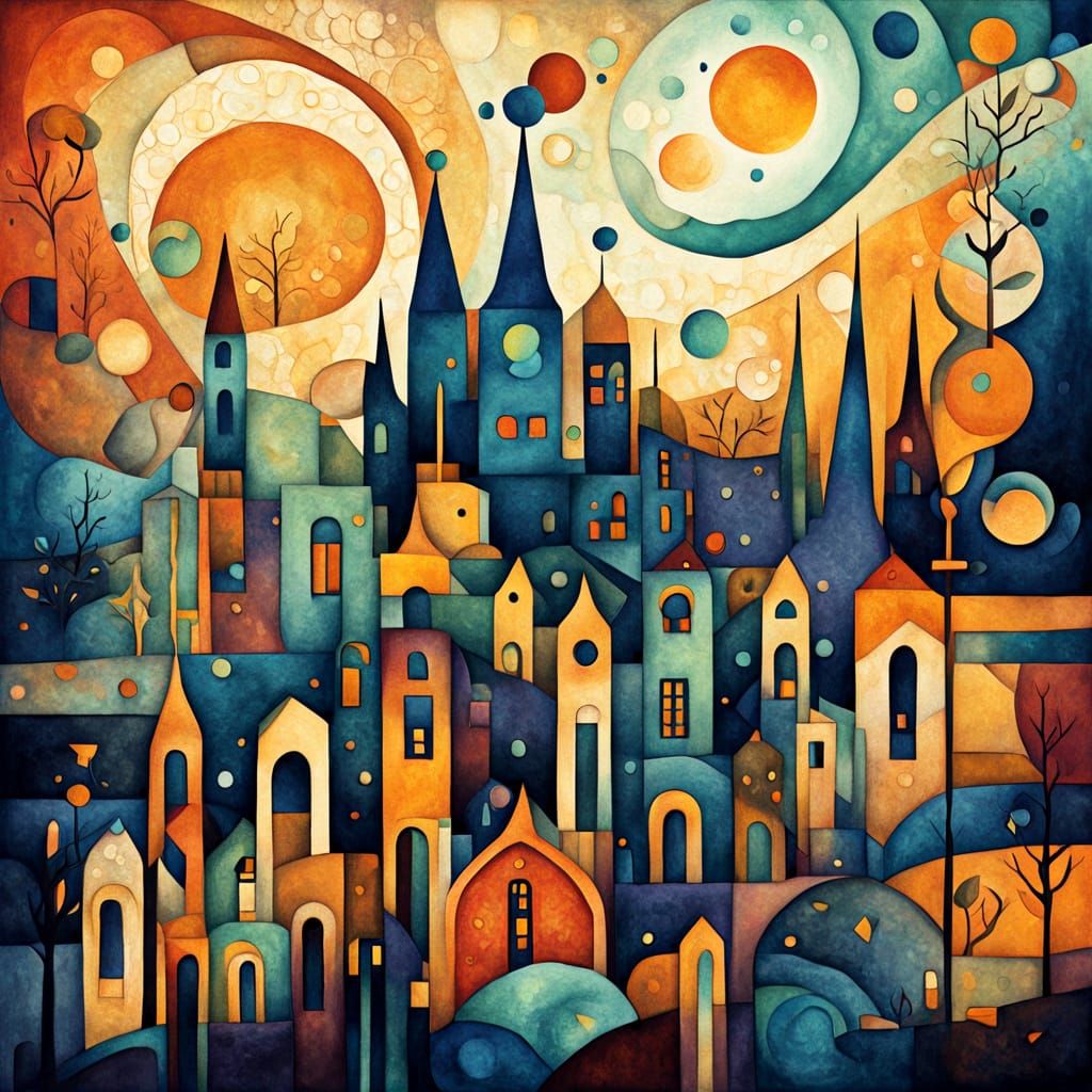 Dreamlike Art Nouveau Cityscape with Whimsical Watercolor Te...