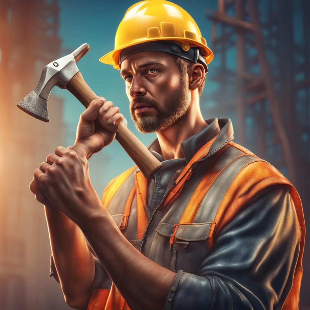 Hyperrealistic Construction Worker with Tool in Splash Art