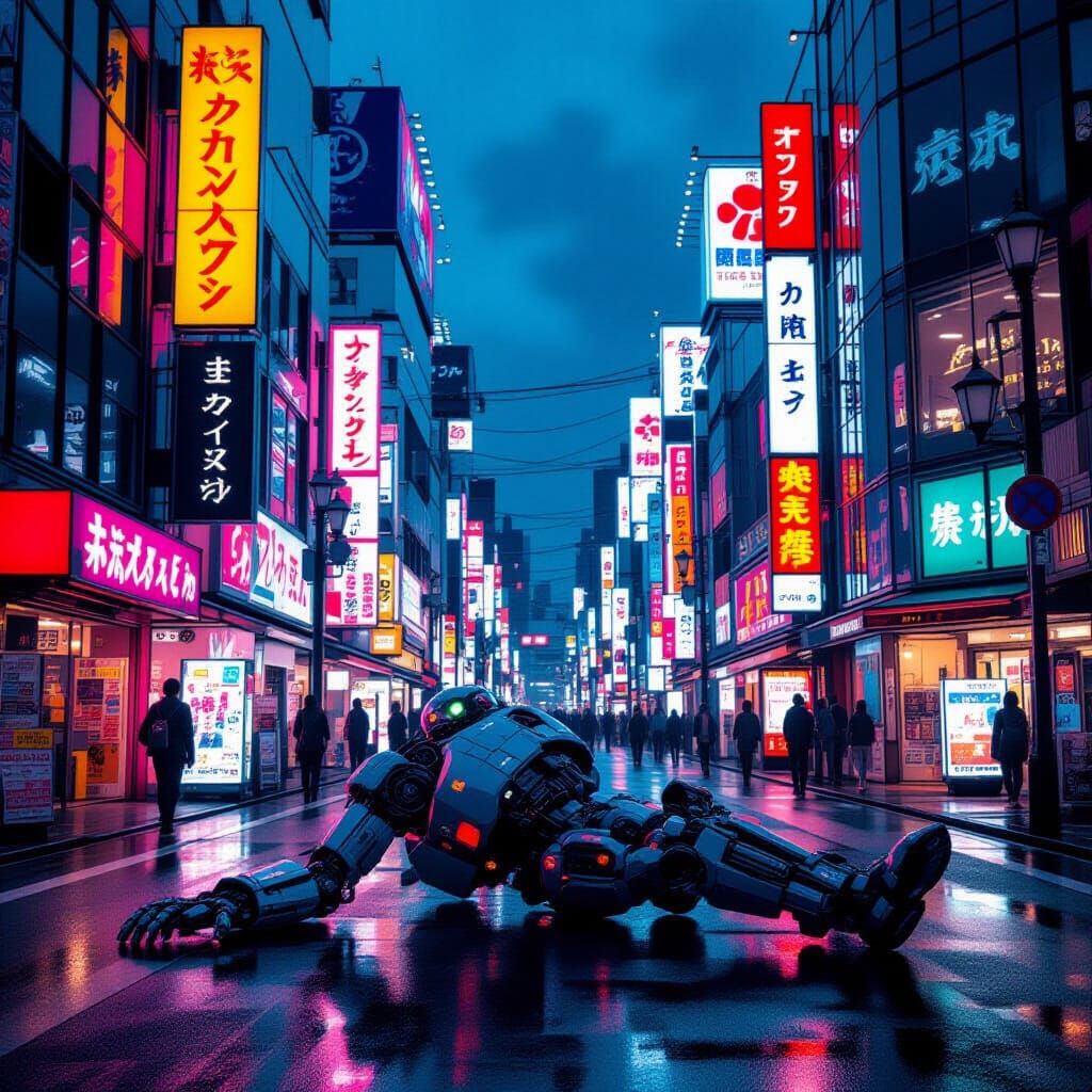 Neon Tokyo: Dead Robot in Cyberpunk Alley