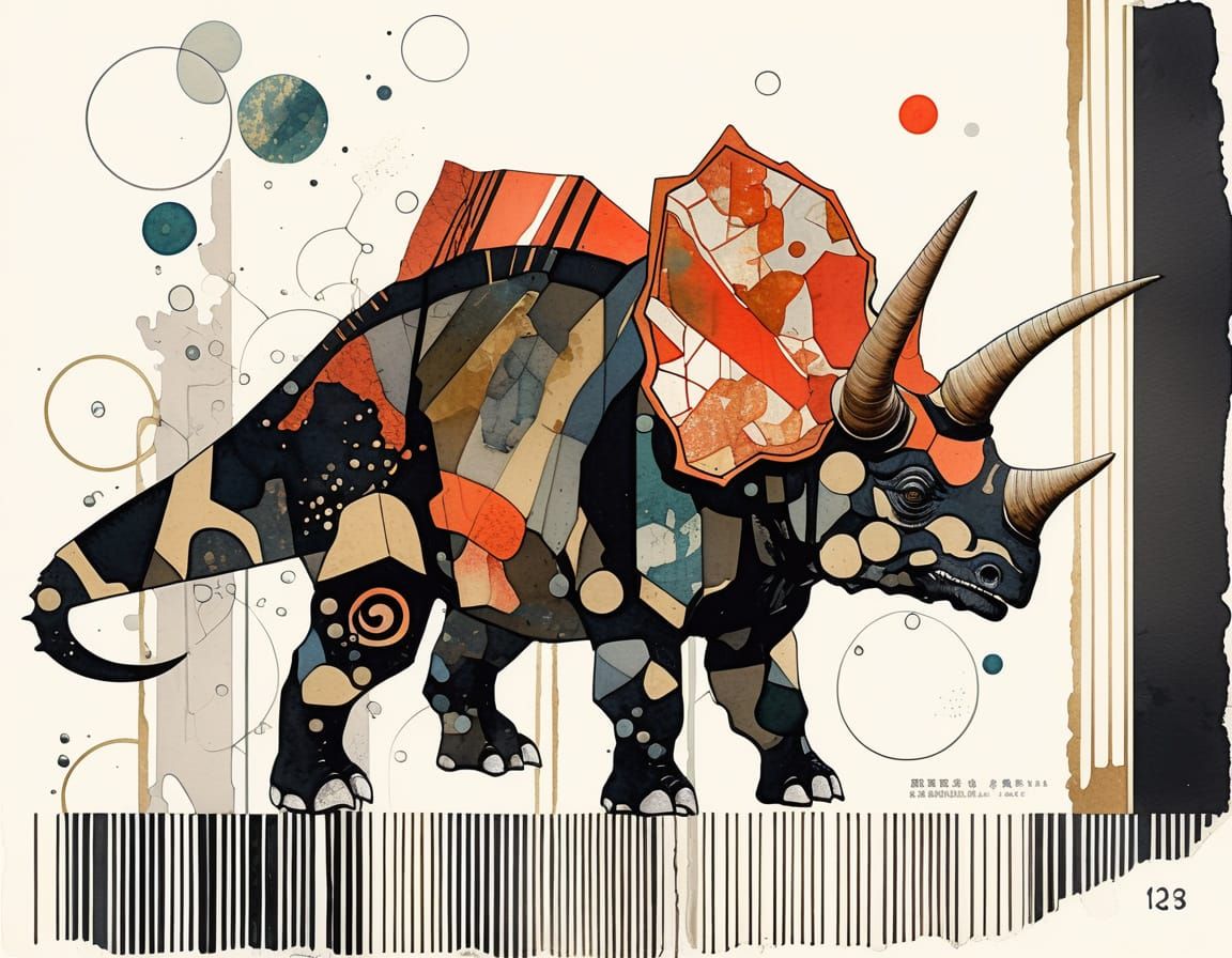 Ukiyo-e Triceratops Collage in Constructivist Style