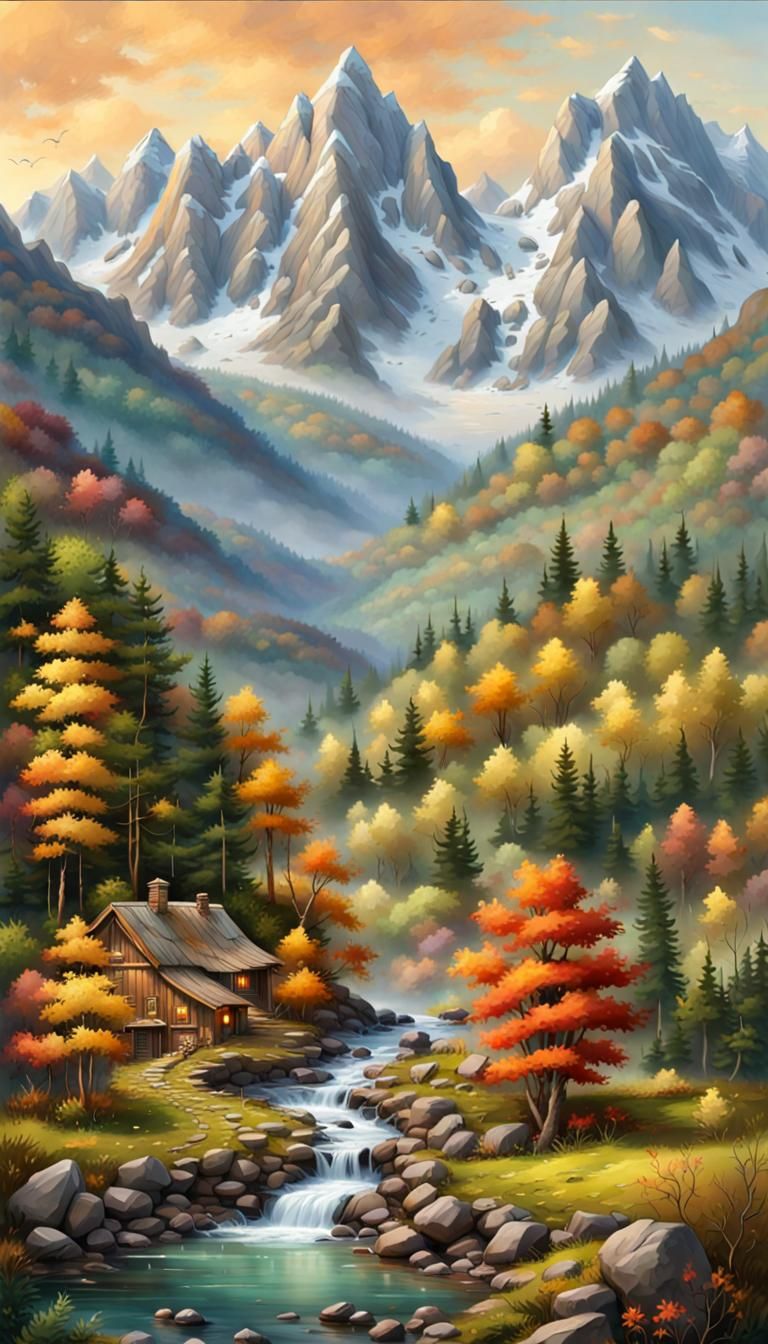 Detailed Mountainous Landscape with Vibrant Colors