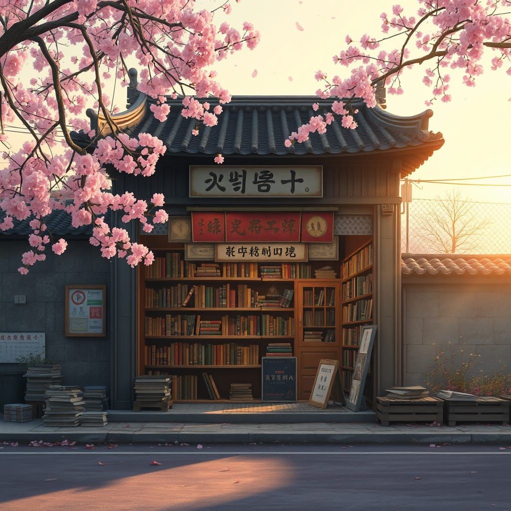 Vintage Bookshop Amidst Cherry Blossom Trees at Sunrise