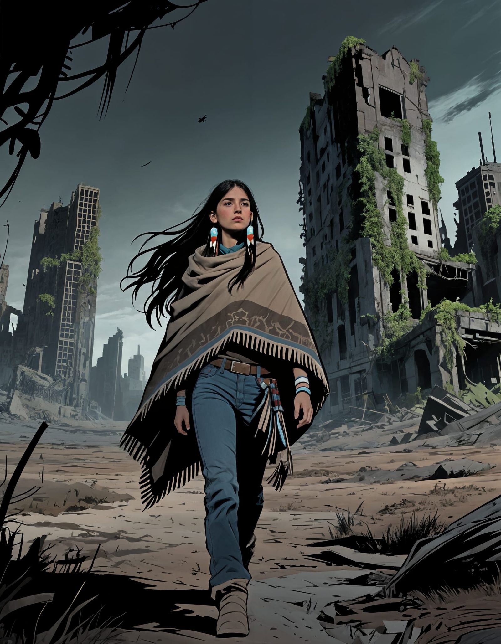 Lakota Girl in Post-Apocalyptic Wasteland High Concept Art