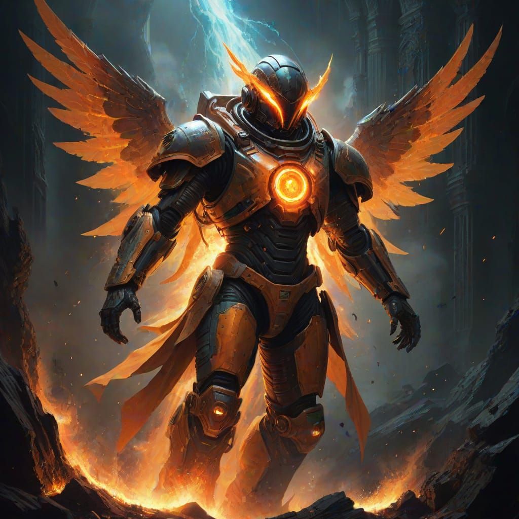 Fiery Mech Angel in Cosmic Horror Style