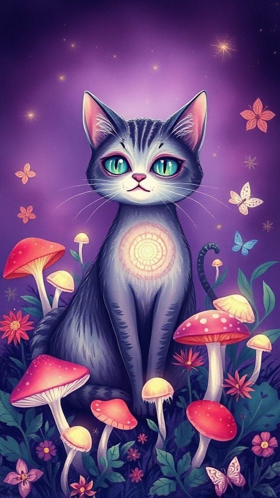 Whimsical Cat in Vibrant Fantasy Realm