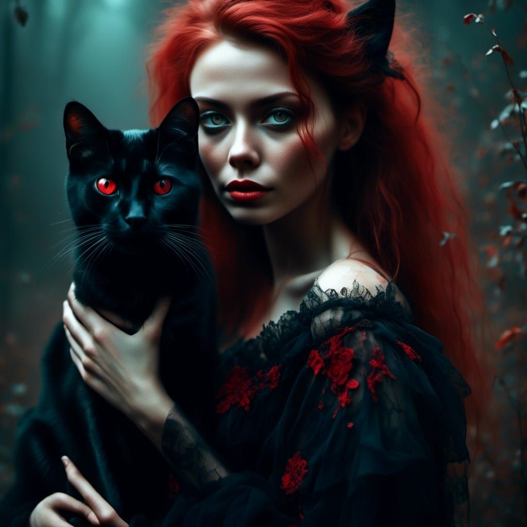 Hyperrealistic Woman with Spectral-Eyed Cat Portrait