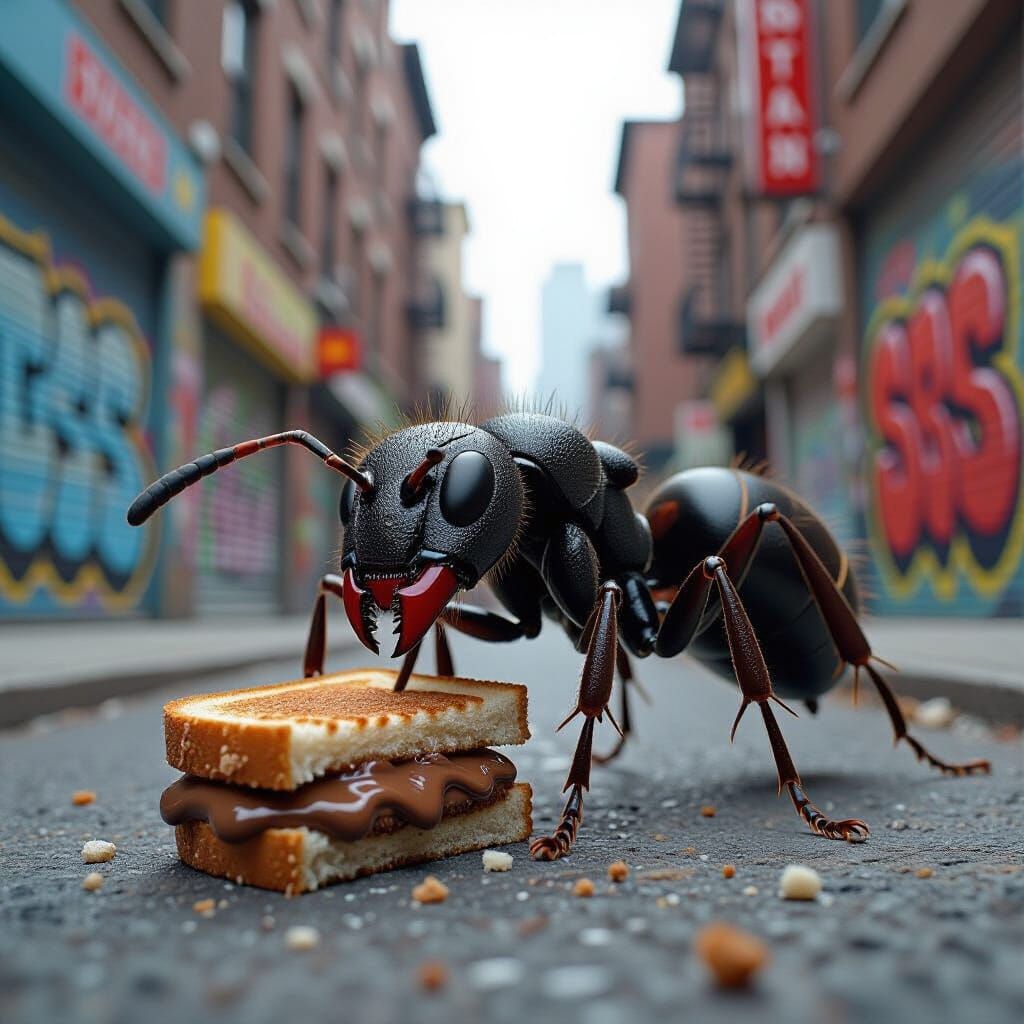 Giant Ant Eats Tiny Sandwich in Graffiti Street Art Style