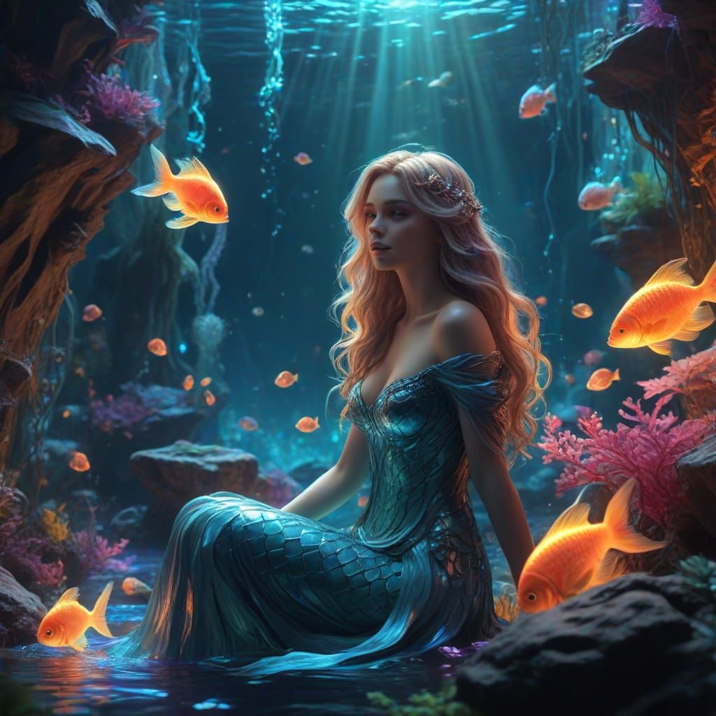 Whimsical Mermaid in Vibrant Underwater Scene
