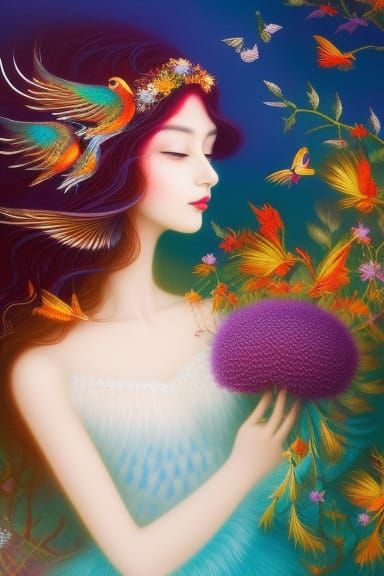 Fairytale Girl with Birds and Flowers in Magic Realism