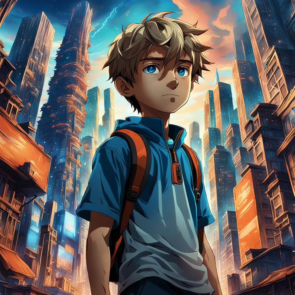 Anime Boy in Cyberpunk Cityscape Wallpaper