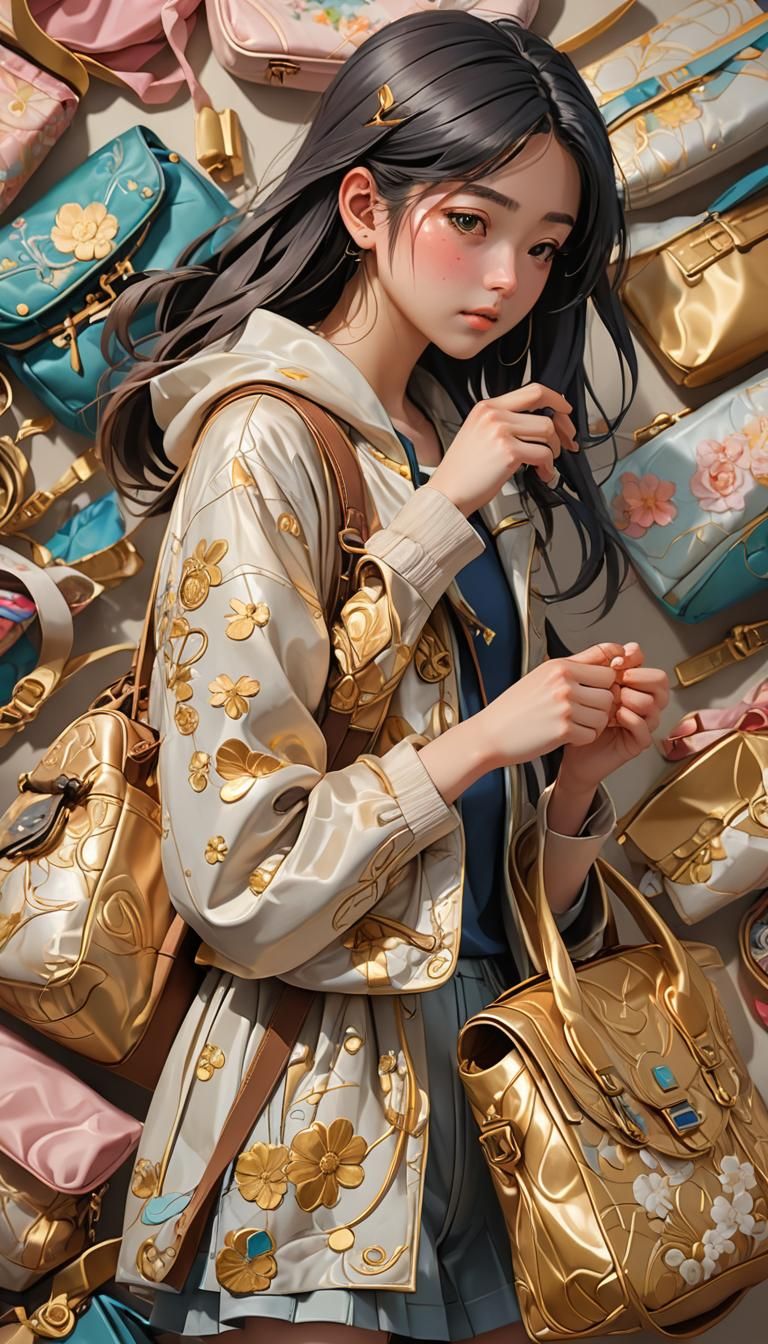 Young Woman Searches Bag: 3D Anime Art