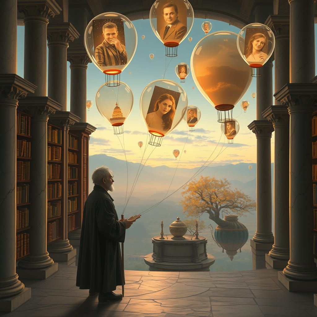 Floating Island Library: Memory Balloons in Painterly Style