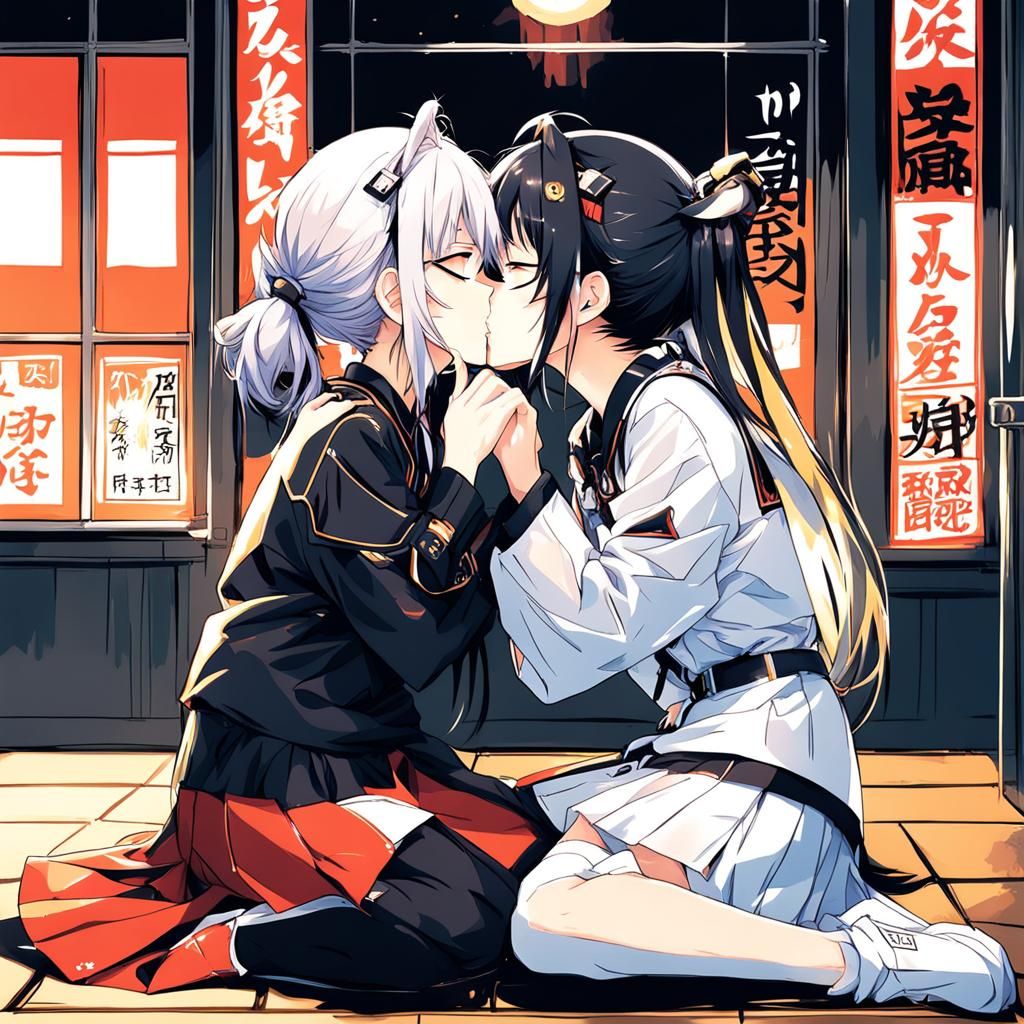 Anime Girls Kissing in Japanese Manga Style