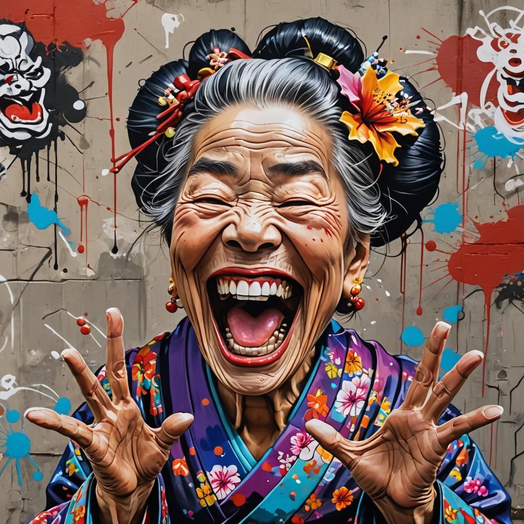 Humorous Geisha Caricature in Graffiti Art Style
