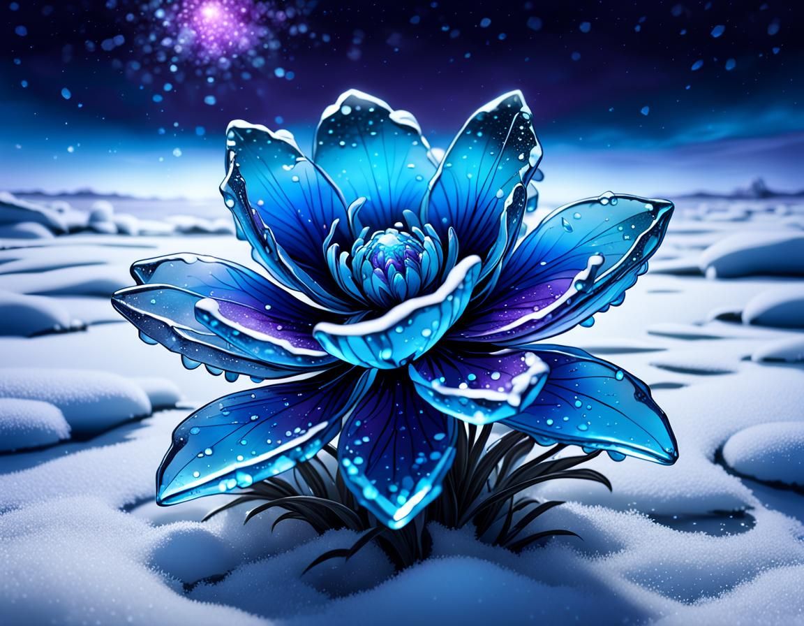Bioluminescent Ice Flower Under Starry Sky