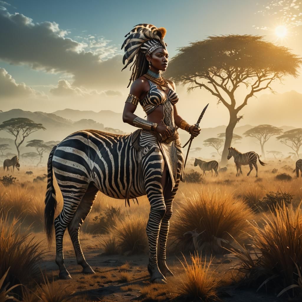African centaur woman with a zebra body, fantasy art, digital art, unreal engine, intricate details