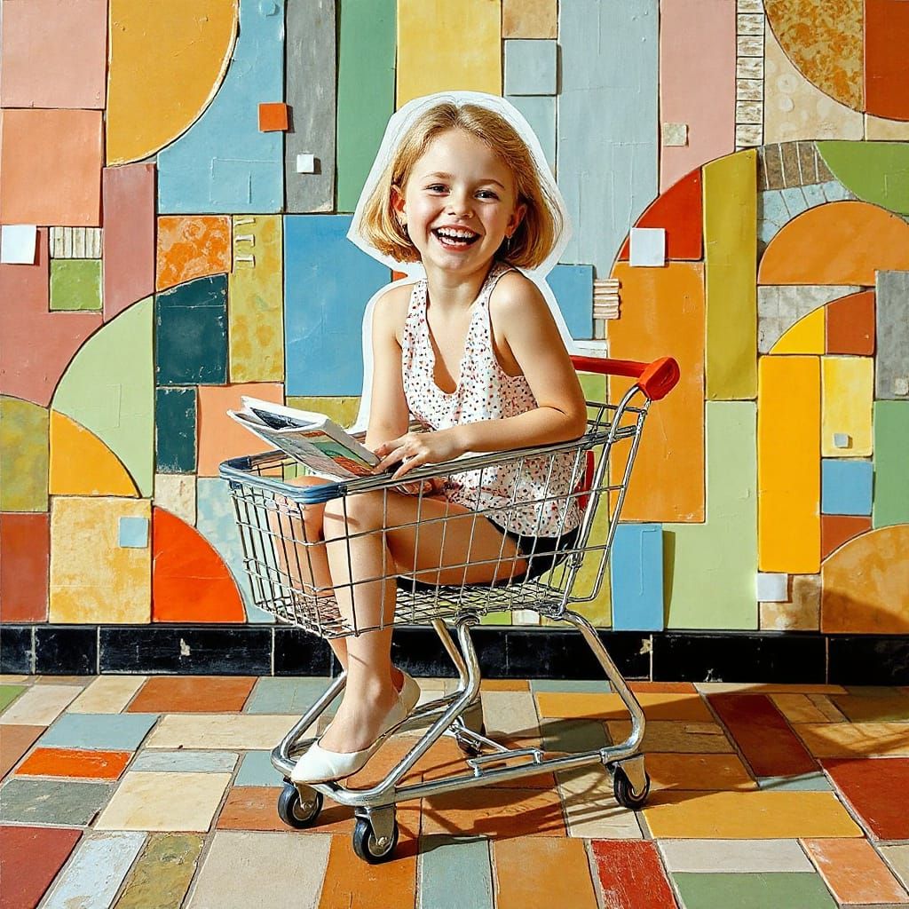 Whimsical Collage of Laughing Figure in Shopping Cart