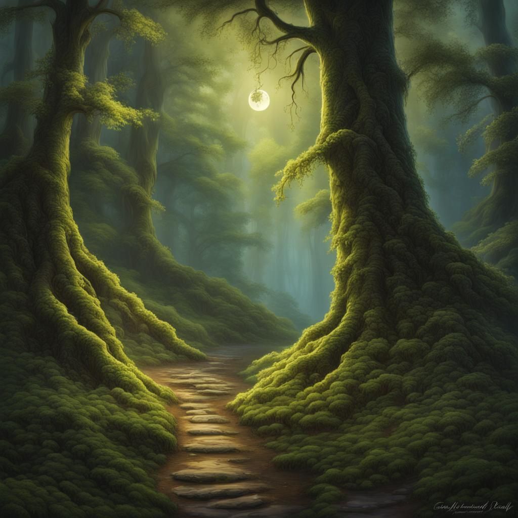Moonlit Forest Path to Ancient Door