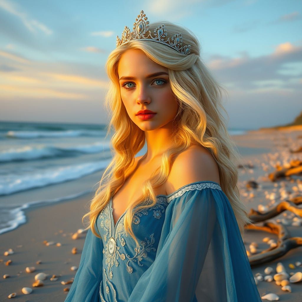 Regal Sea Goddess at Sunset on Weathered Beach