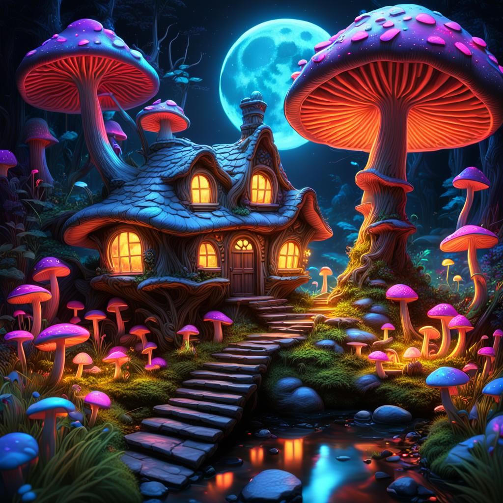 Neon Fairy Mushroom House in Blacklight Fantasy Art