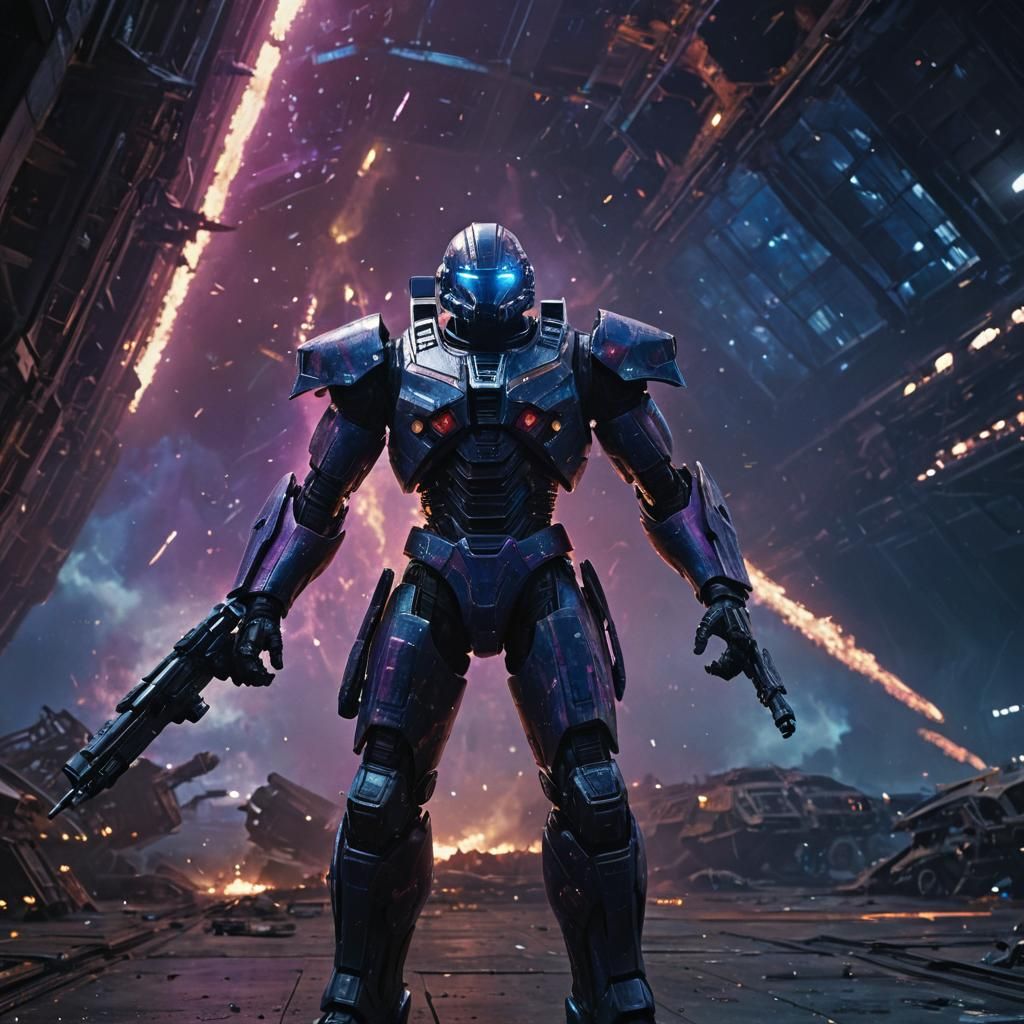 Galaxy Warrior in Spaceship Hangar: Cinematic Oil Painting