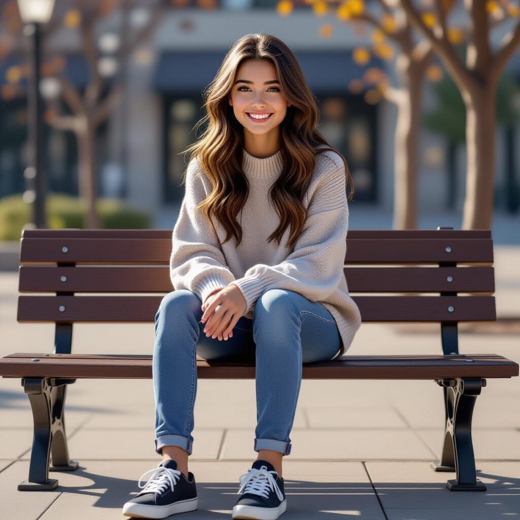 Teenage Girl Poses on Bench in 3D Game Style