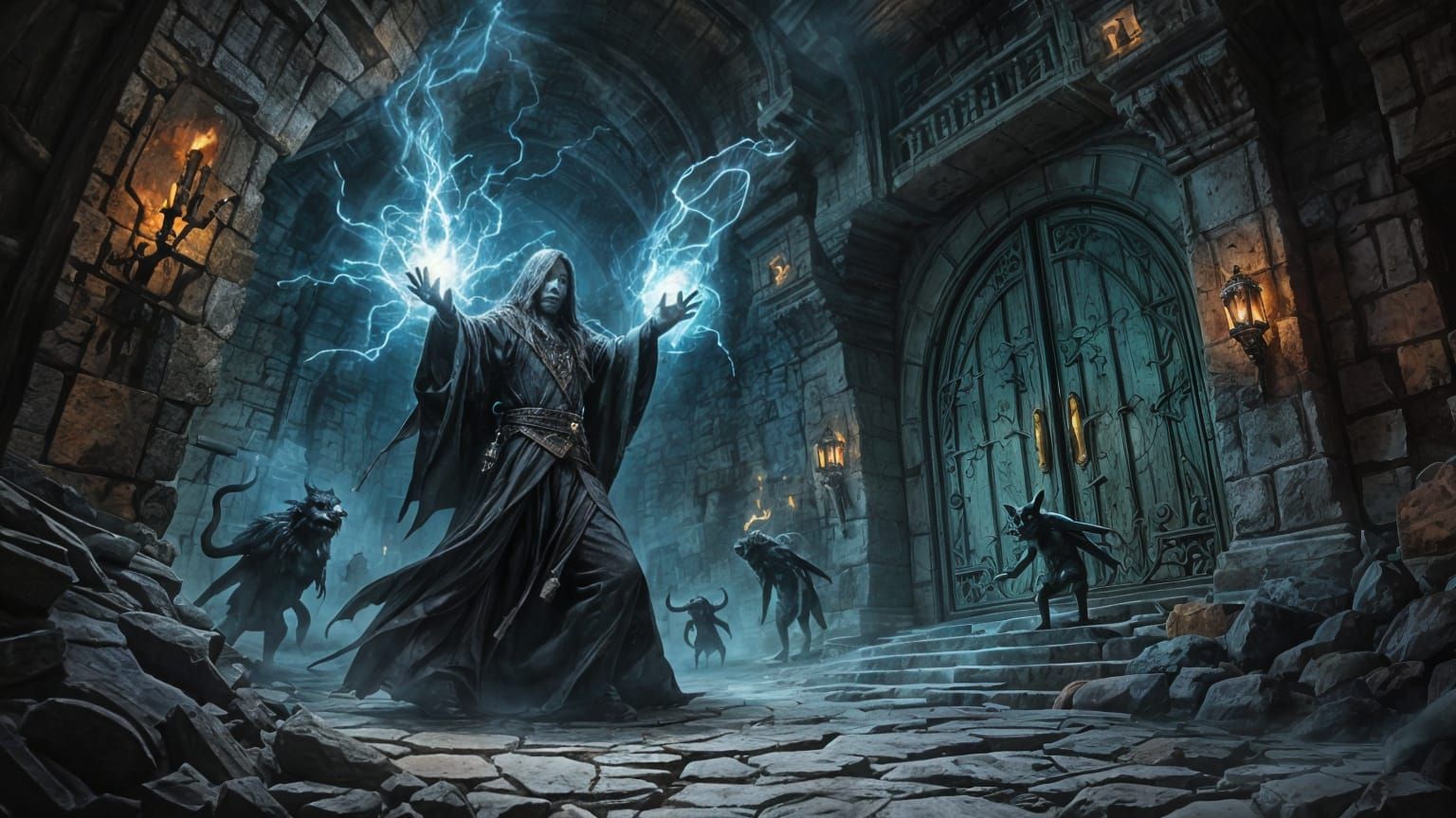 Dark Wizard Conjures Spell in Labyrinth Lair