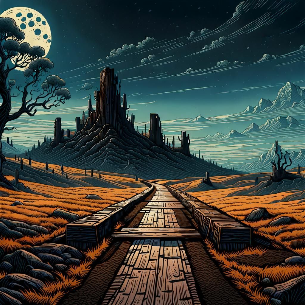 Dead-End Road: Etched Woodcut Print in Dark Fantasy Style