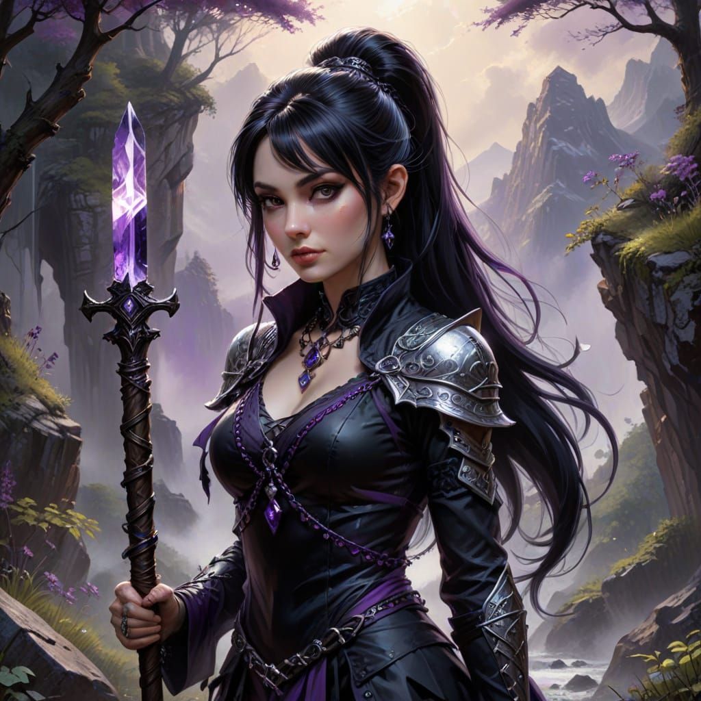 Goth Priestess with Magic Staff in Oil Painting Style