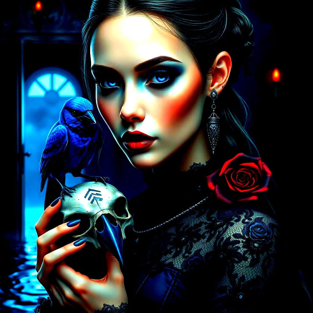 Gothic Woman with Bluejay and Skull in Digital Art
