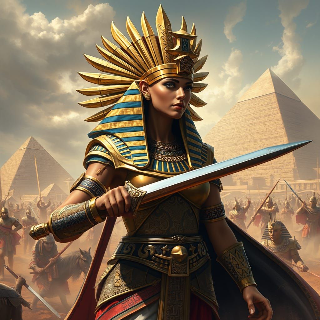 Egyptian Queen in Ancient Battle Grandeur