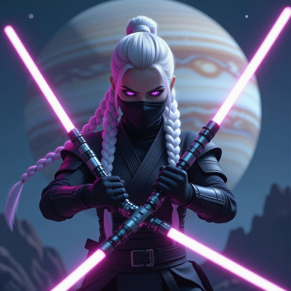 Cyberpunk Ninja with Lightsabers and Saturn Backdrop