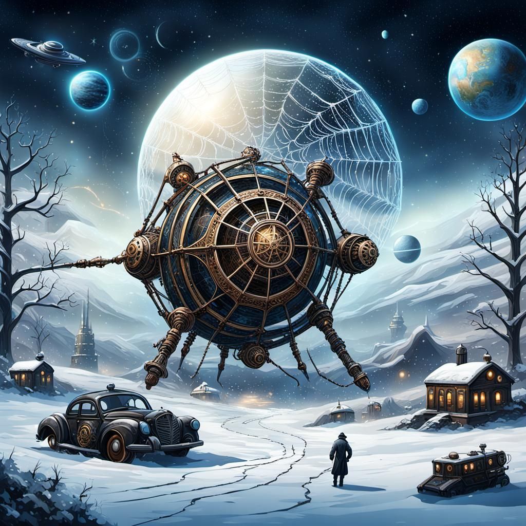 Steampunk Spiderweb on a Winter Landscape