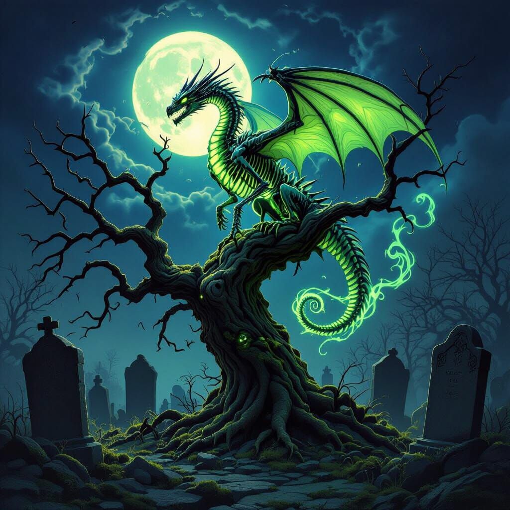 Eerie Green Skeletal Dragon in Moonlit Graveyard