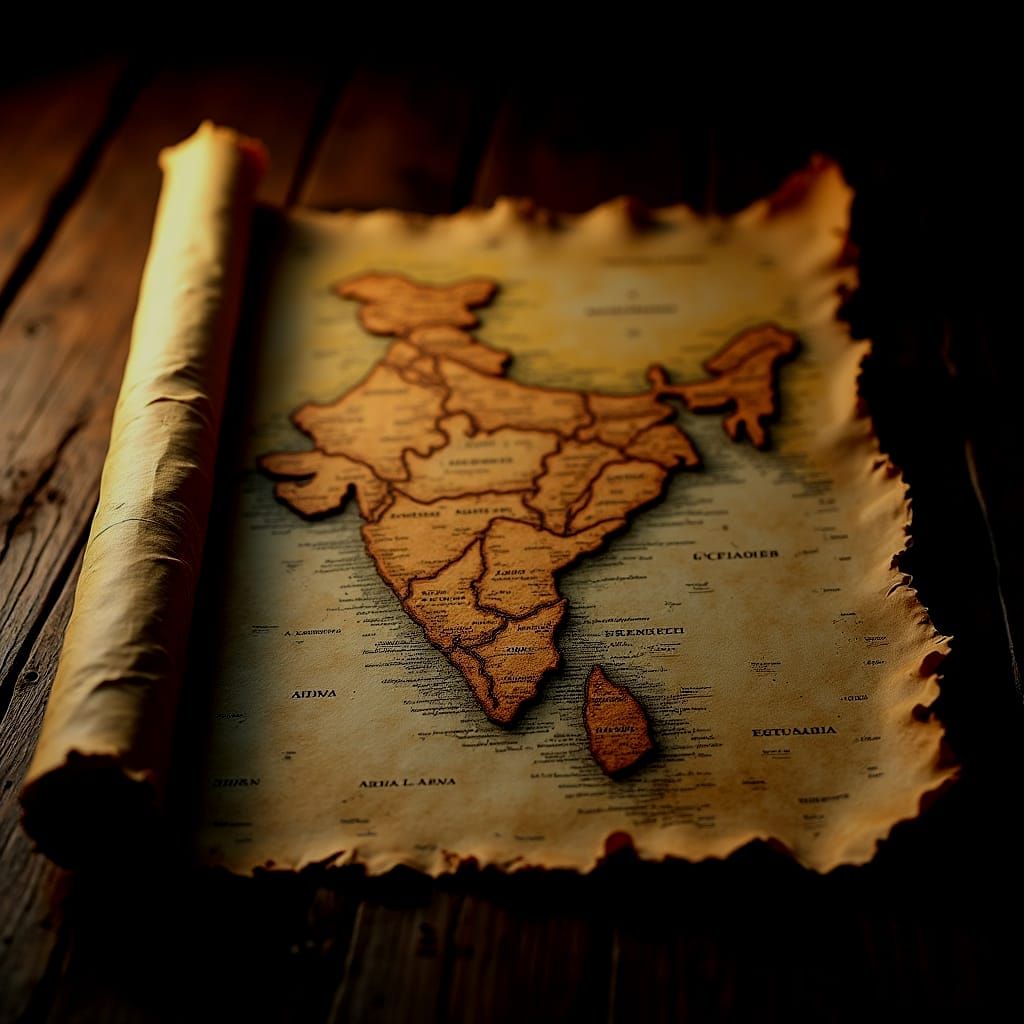 Ancient Indian Map on Wood Table, 3D Render