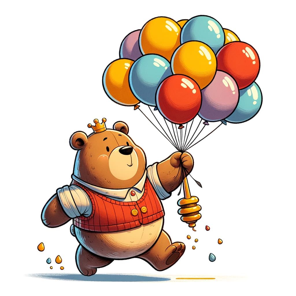 Cartoon Bear's Joyful Flight with Balloons
