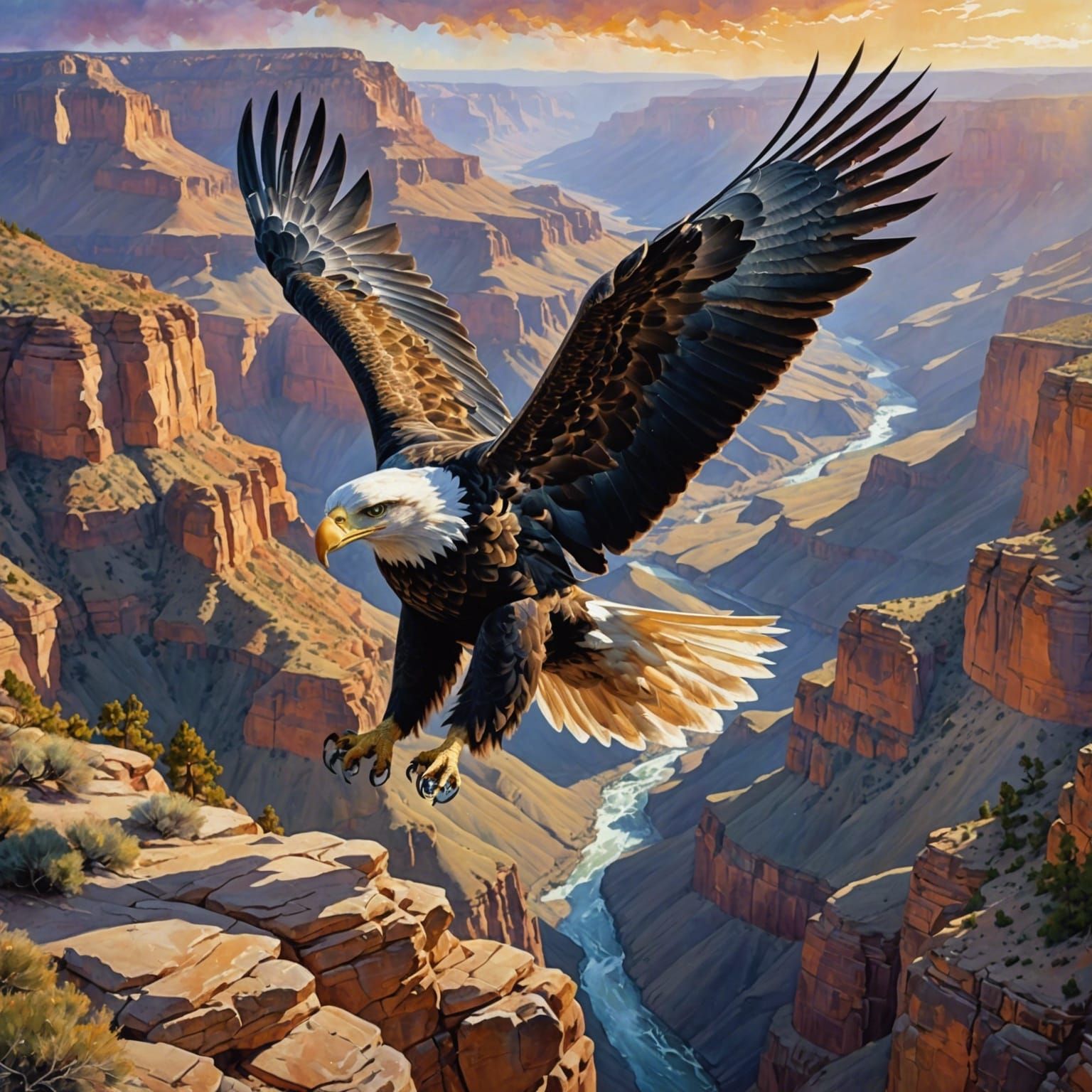 Majestic Eagle in Flight over Breathtaking Canyon Landscape