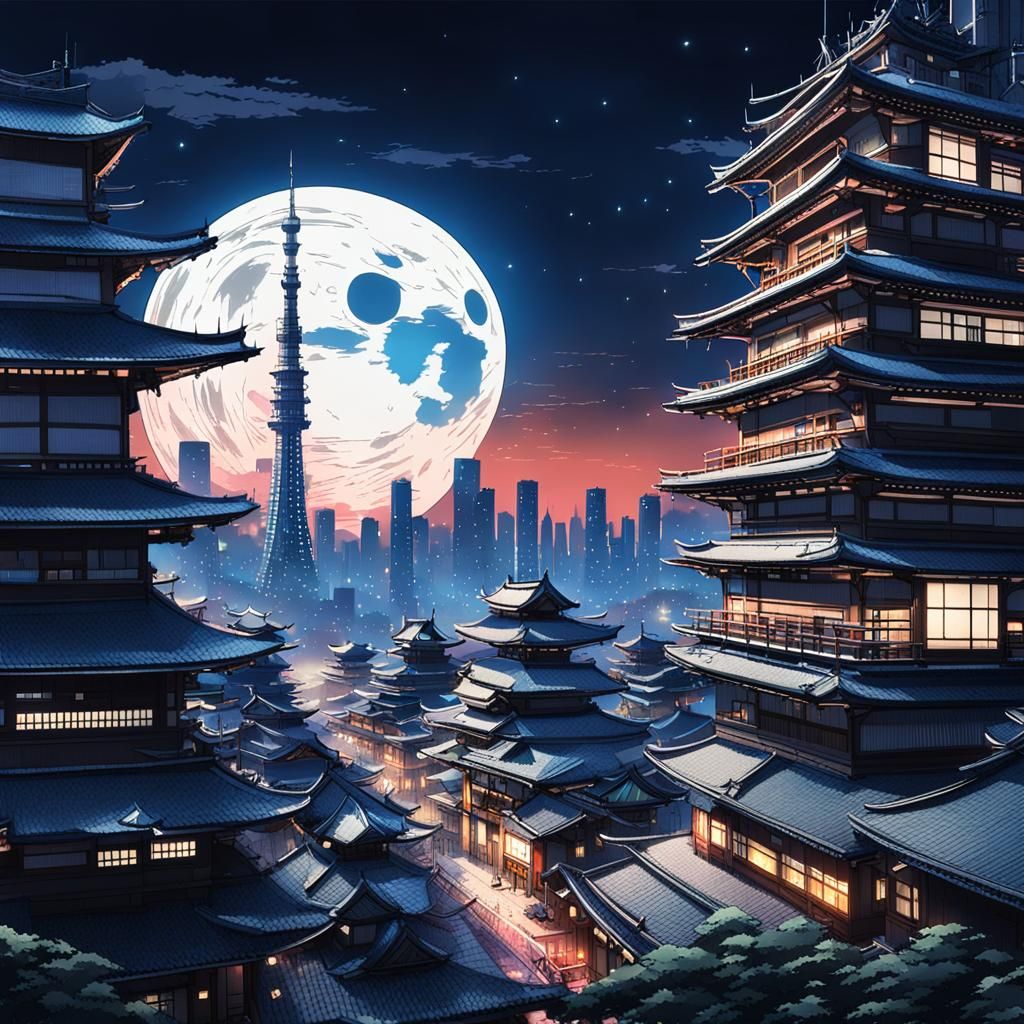 Neo-Futuristic Japanese City Under a Broken Moon