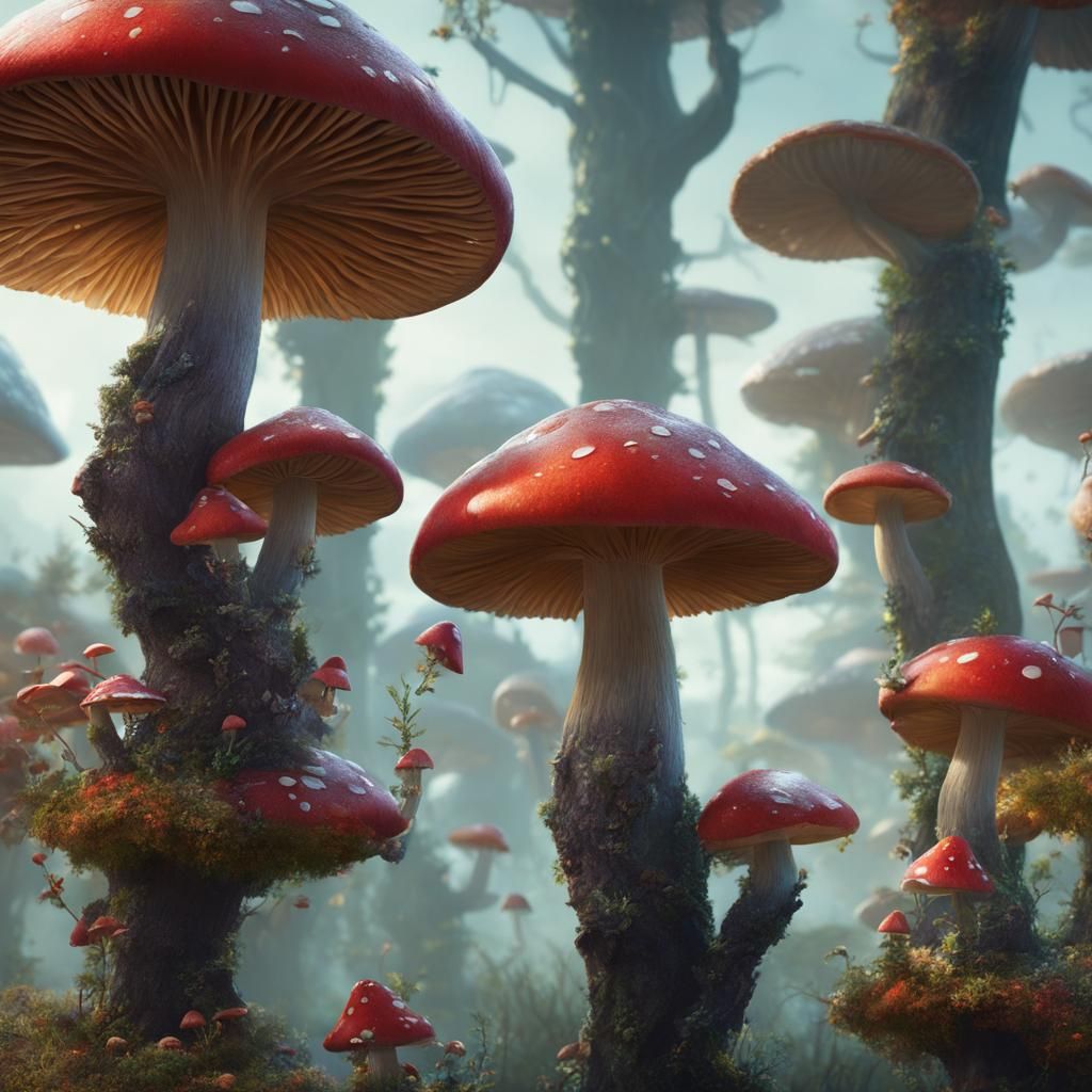 Dancing Mushrooms in a Detailed Fantasy Forest