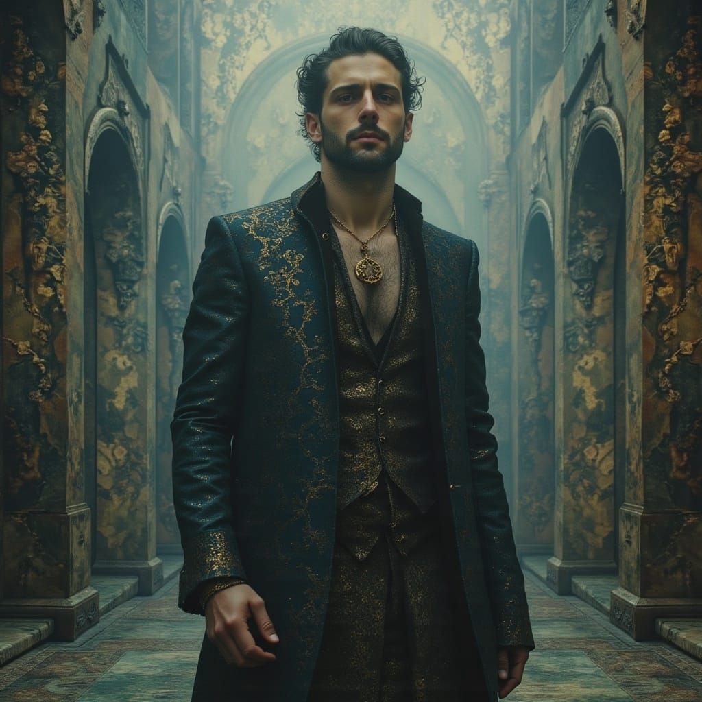 Medieval Man Walks Alien Town in Art Nouveau Style