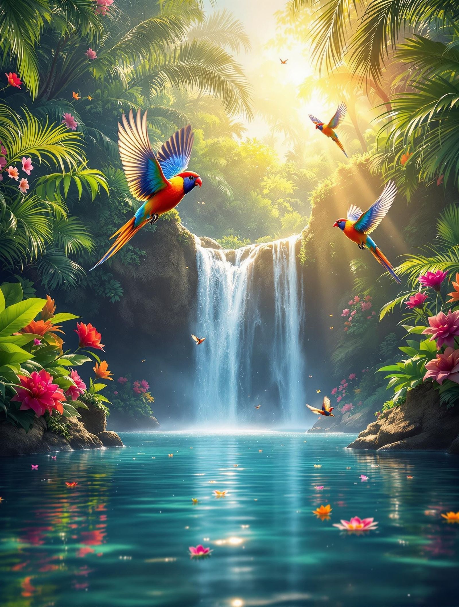 Colorful Birds Flying Above Tropical Waterfall