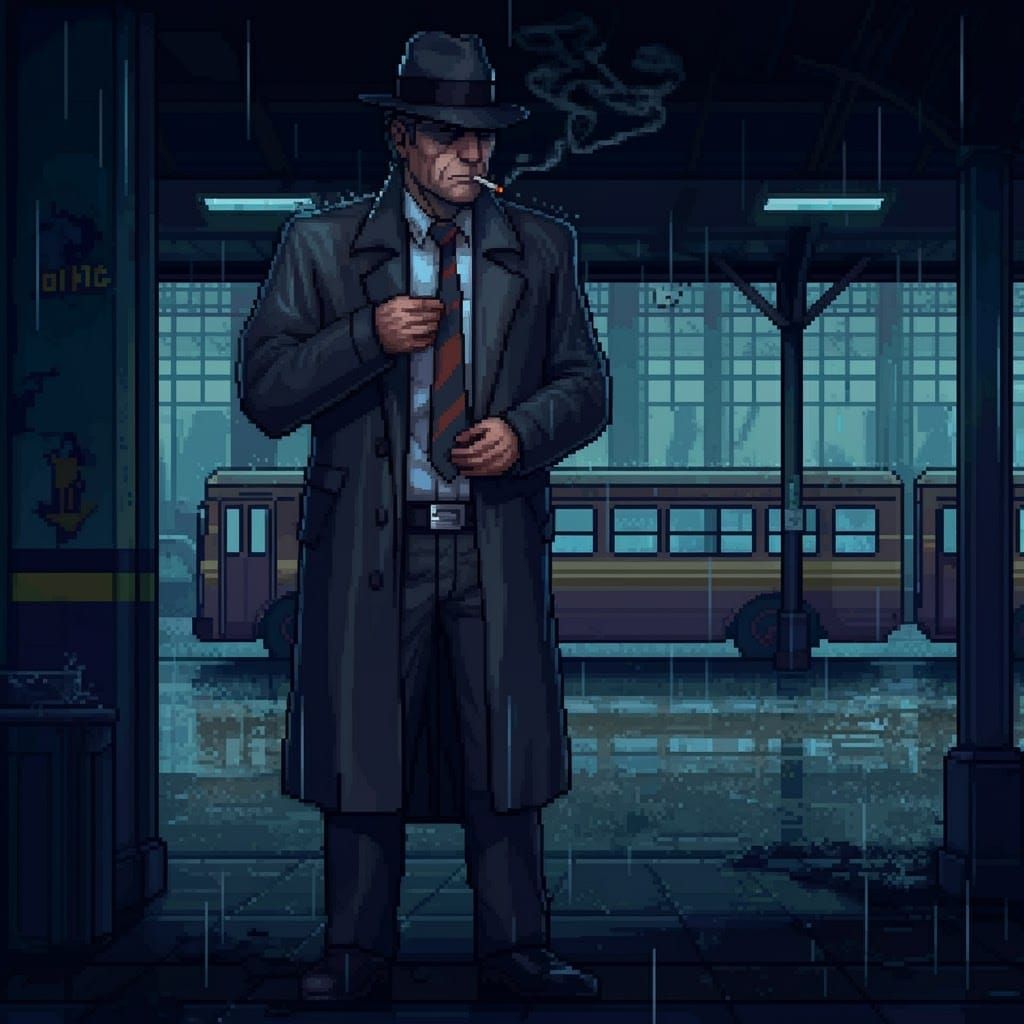 Suspicious Man in Bus Station: 8-bit Pixel Art