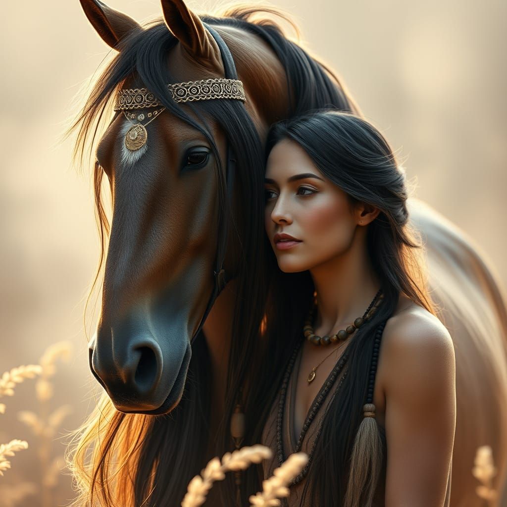 Majestic Horse and Woman in Harmonious Bond, in Photorealist...